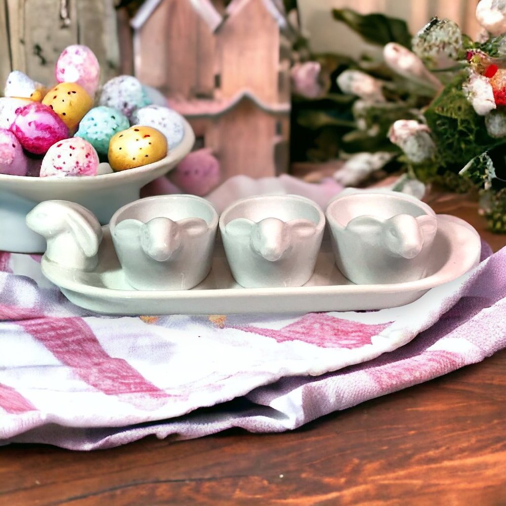 Ceramic White Bunny Tray & Dishes/Cups Set Easter Decor Cottagecore Farmhouse